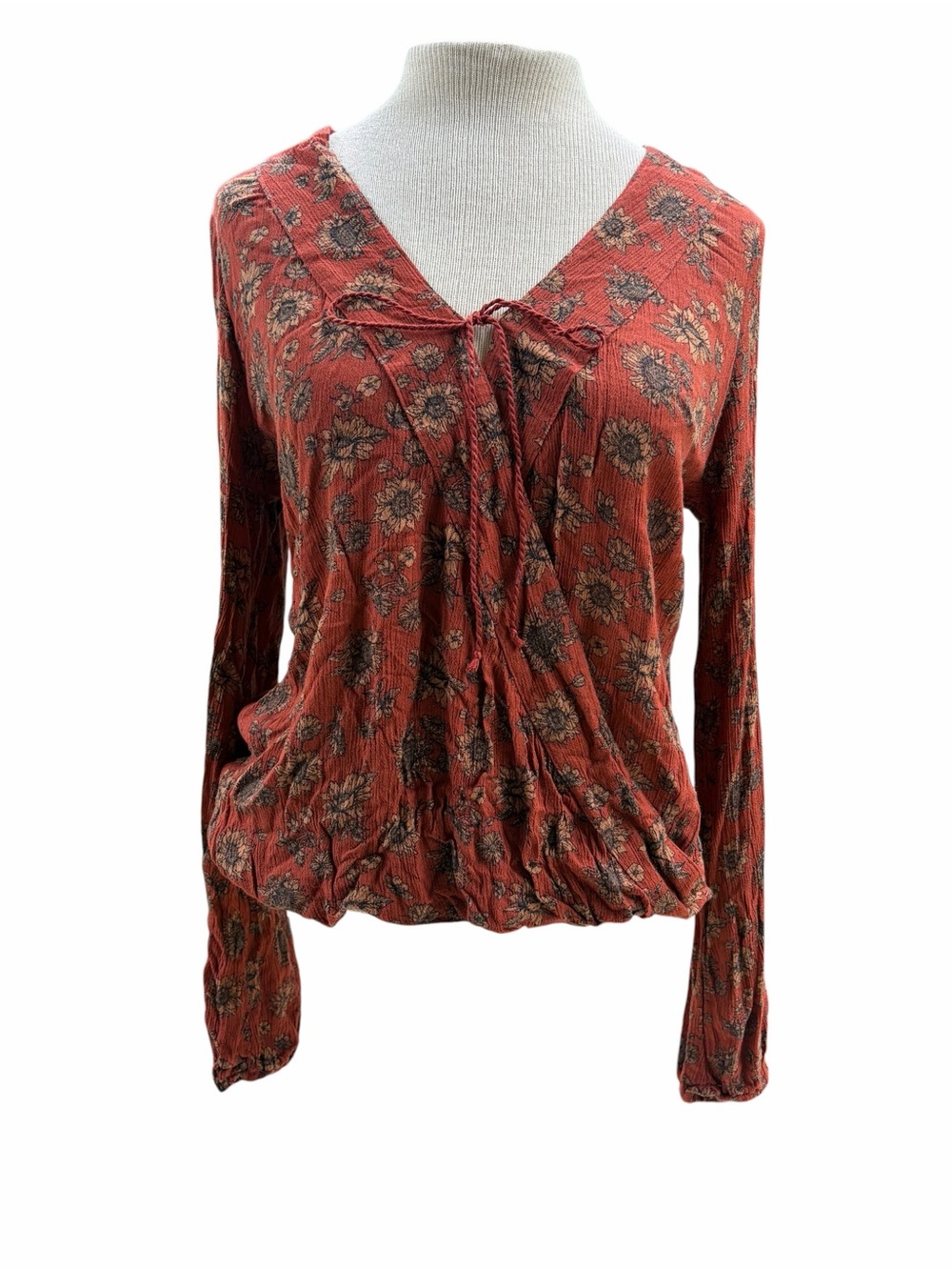 Boho Sunflower Rust Floral Tie-Neck Long Sleeve Top
